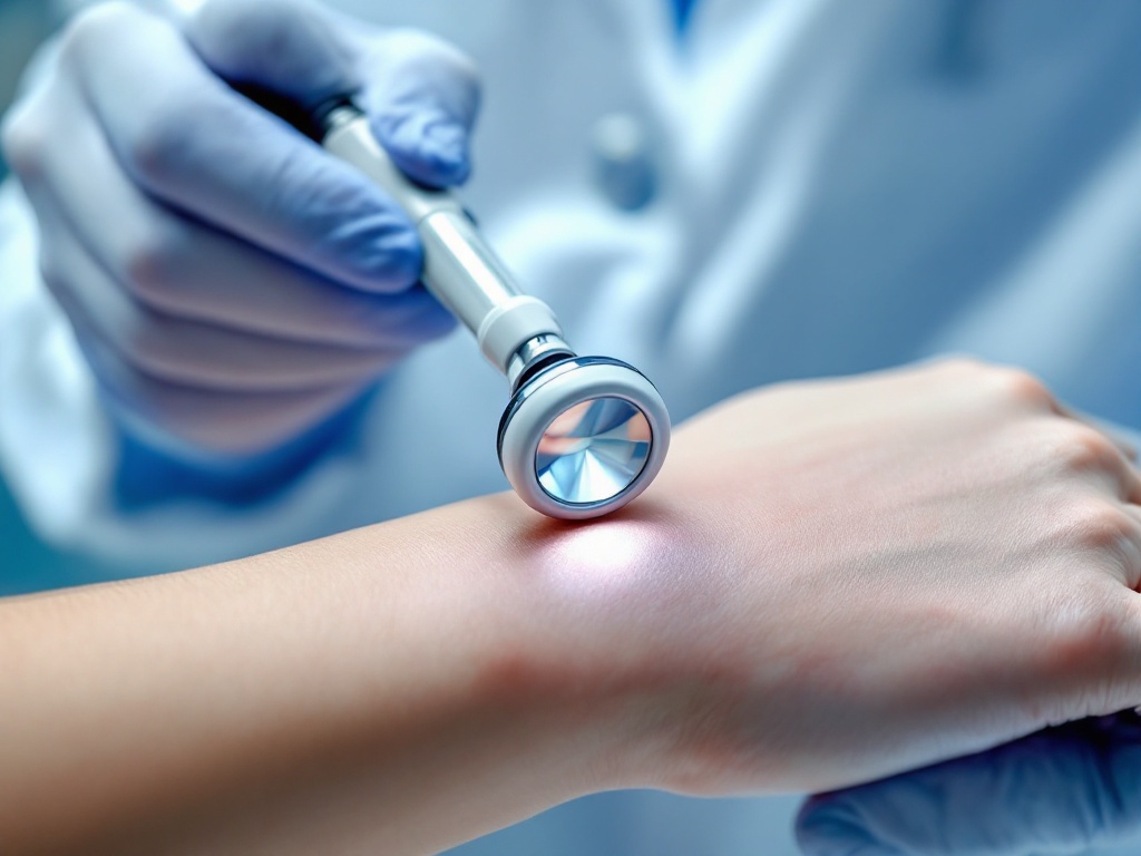 A dermatologist examining a spot on sun-exposed forearm skin with a handheld dermatoscope