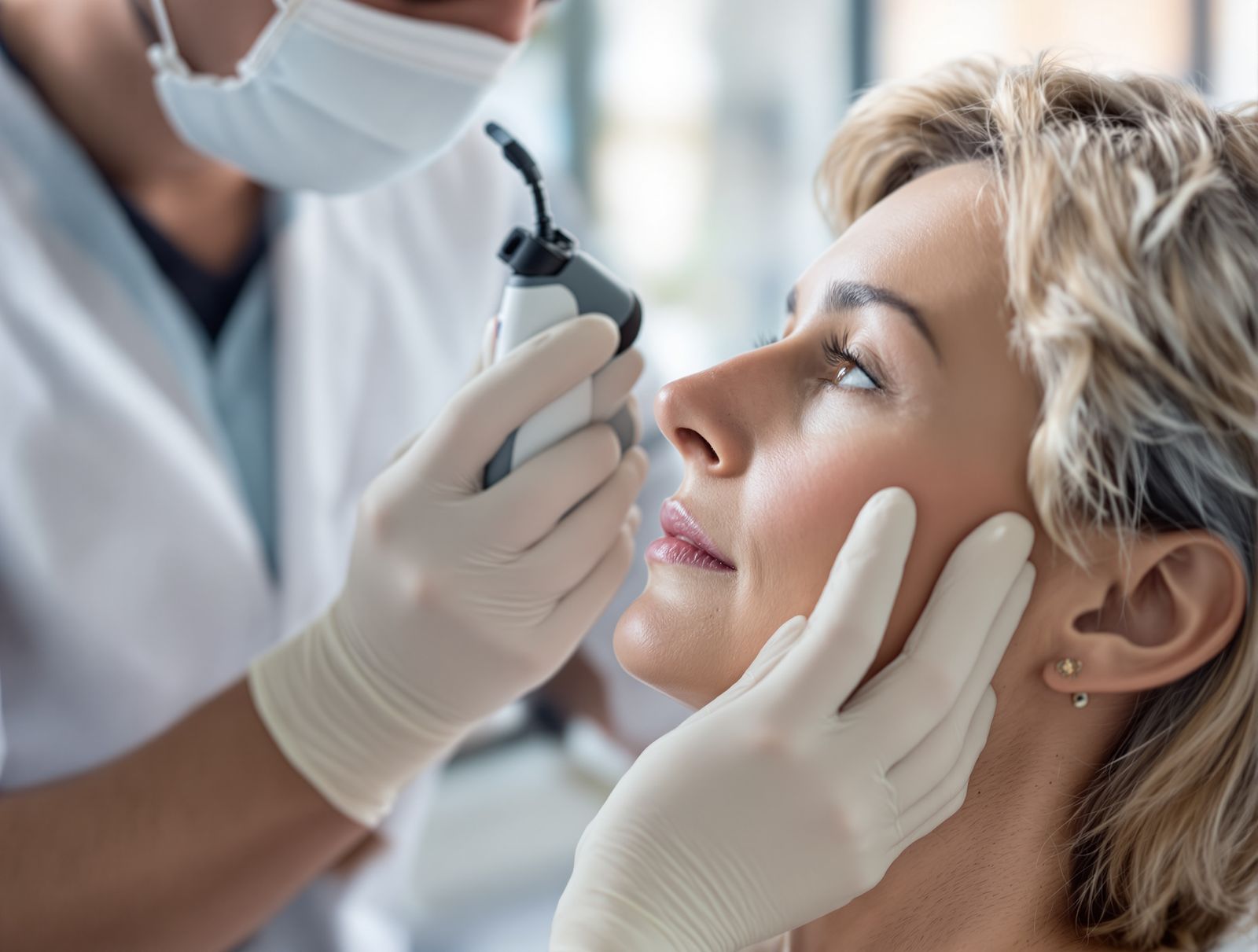 A dermatologist in gloves examining a pigmented mole on a calm patient's cheek with a handheld dermatoscope in a bright clinic exam room