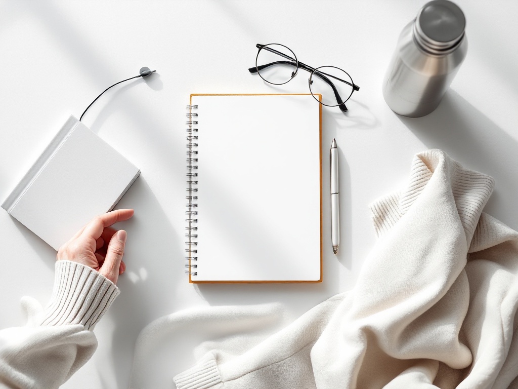 A tidy still life of a blank notepad, pen, reading glasses, book, folded sweater, and water bottle on a clean bright surface