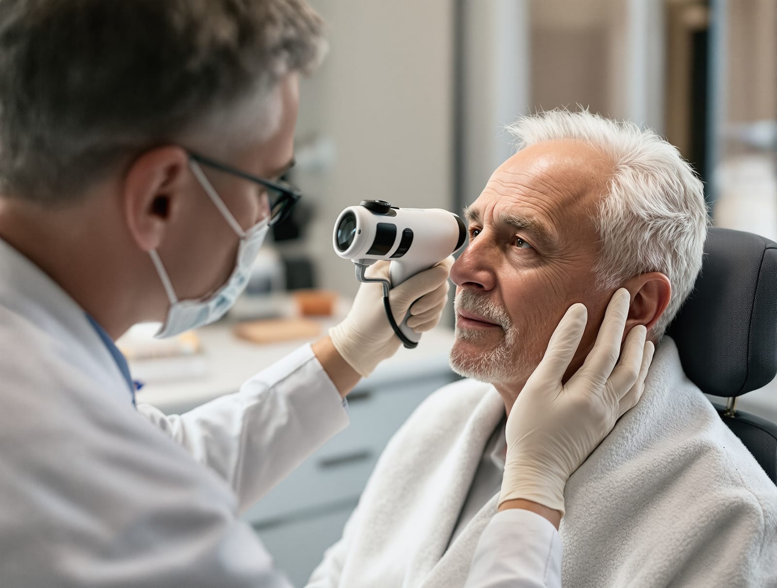 A dermatologist in gloves examining sun-damaged scalp and forehead skin on a calm older patient with a handheld dermatoscope in a bright clinic exam room