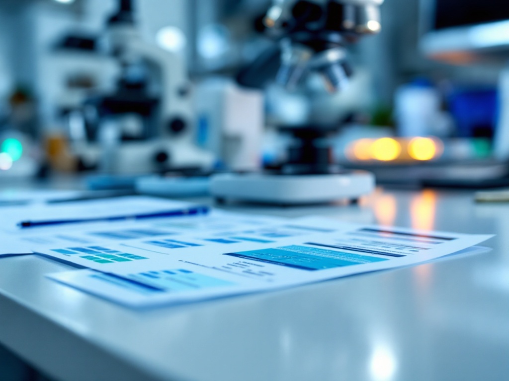 A pathology report and glass microscope slides on a clean clinical desk beside a laboratory microscope
