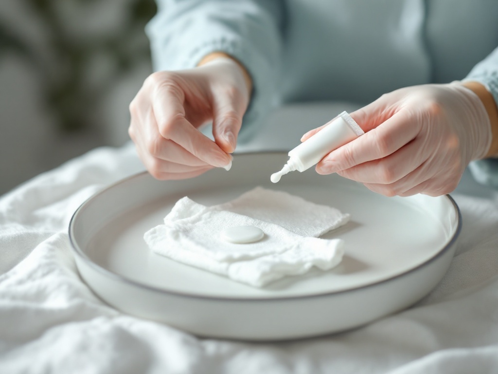Gloved hand applying clear ointment to gauze on a clean bedside tray