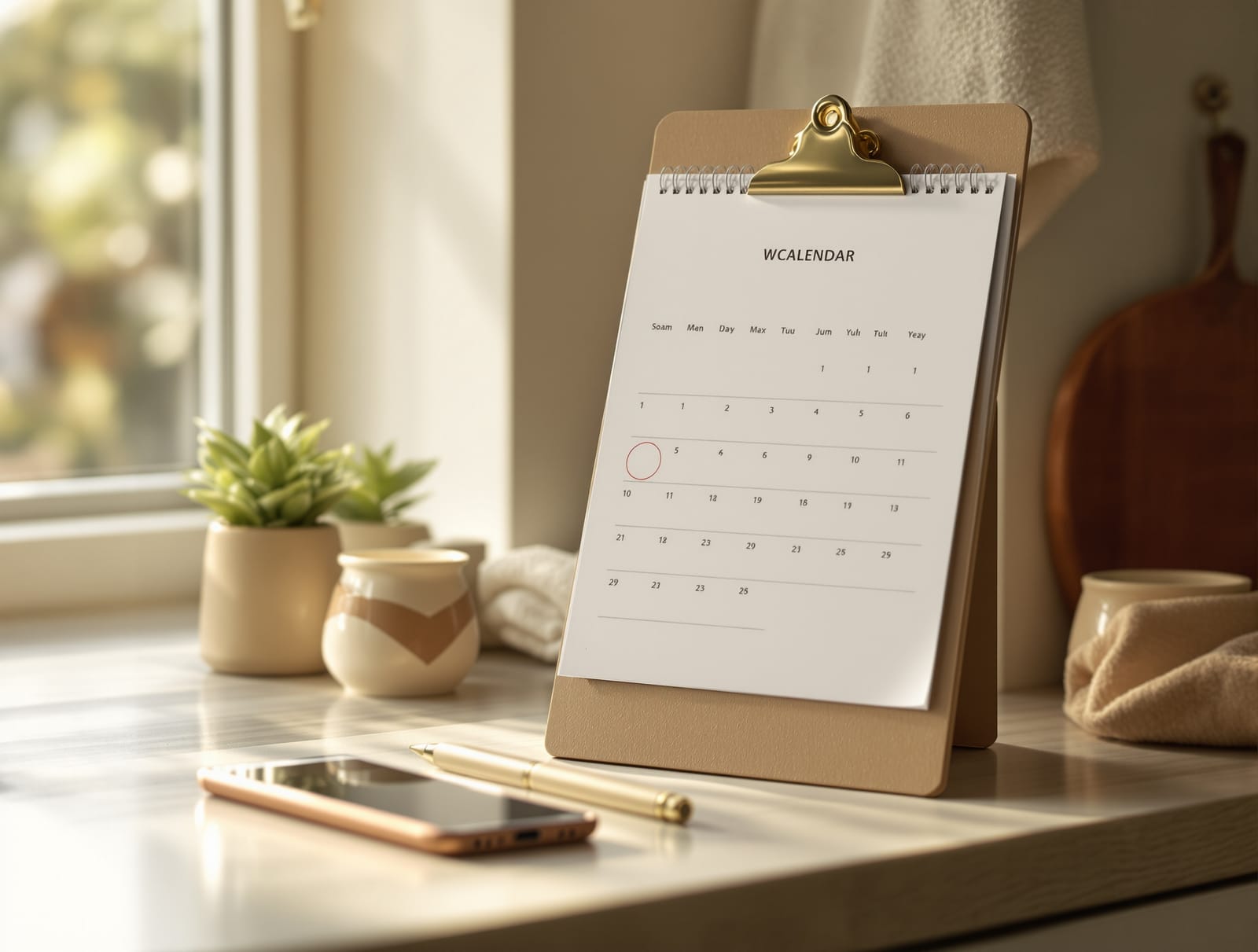 A wall calendar on a kitchen counter with a few dates circled, morning light through a window, a phone and a pen beside it.