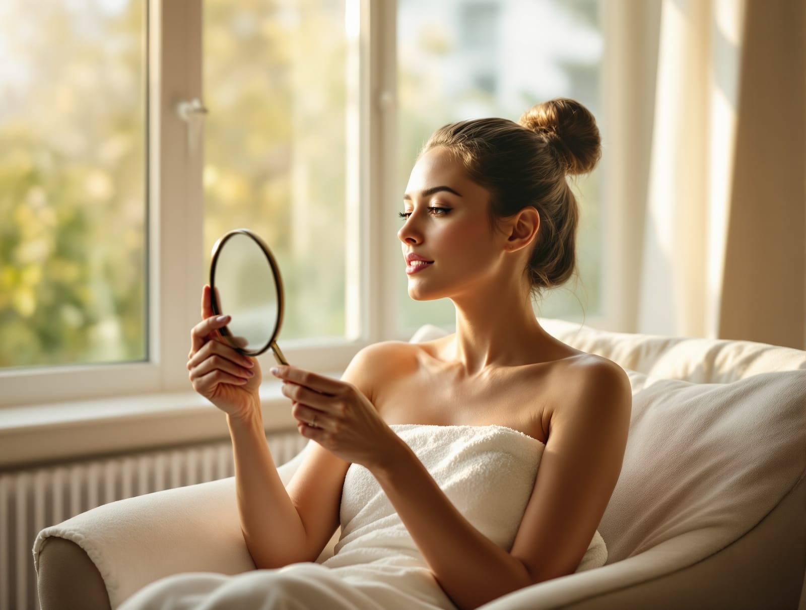 A patient sitting by a sunlit window at home holding a small handheld mirror, quiet domestic living room, soft afternoon light.
